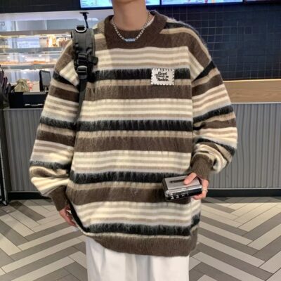 Sang trọng áo len sọc nam mùa thu đông rời ins áo khoác ngoài phong cách lười biếng bf Nhật Bản Retro hàng dệt kim sáp mềm áo khoác