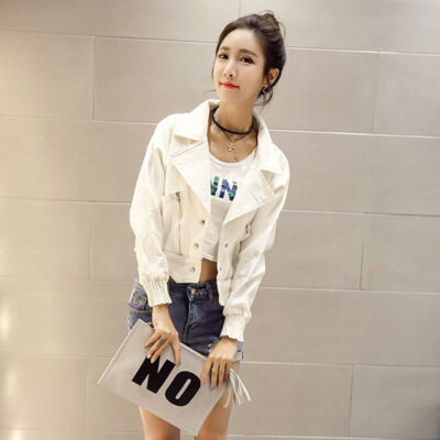 Áo khoác denim trắng nữ ngắn cổ học sinh mùa xuân và mùa thu phiên bản mới của Hàn Quốc, áo khoác nhỏ giản dị phù hợp với tất cả các loại áo khoác nhỏ