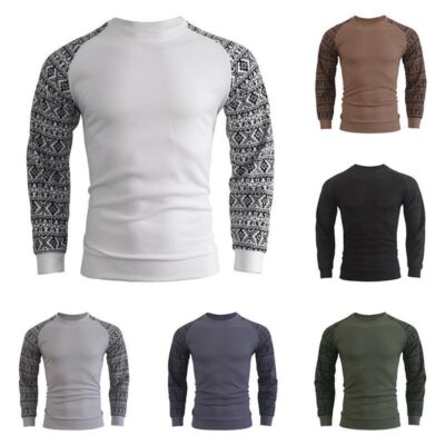 2022 mới đồng màu áo len in hình Âu Mỹ thu đông waffle tay dài cổ tròn rời thanh niên áo thun chui đầu