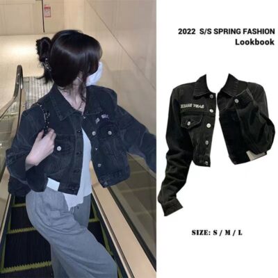 Áo khoác denim ngắn nữ phong cách retro ch mùa thu mới Hương vị Hồng Kông rộng rãi phù hợp với vai trước áo khoác cardigan hợp thời trang