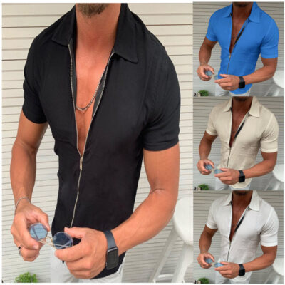 Ngoại thương mùa hè 2022 xuất khẩu nam dây kéo đồng màu áo sơ mi ngắn tay slim-fit nam có ve áo cardigan hàng đầu