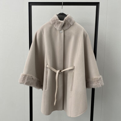 2023 LP mới cùng phong cách màu be nguyên chất 2 mặt choàng cashmere áo khoác lông chồn ngắn