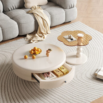 Bàn trà đẹp bàn cà phê tròn phòng khách hiện đại tối giản căn hộ nhỏ màu đỏ lưu trữ mới bàn cà phê xoay phong cách kem Pháp