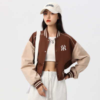 Đồng phục bóng chày MFMLBNY xu hướng mùa xuân và mùa thu ngắn dành cho nữ áo khoác phù hợp MLB NY Mỹ áo khoác màu tương phản retro