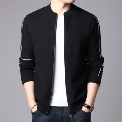 Mùa Thu Đông Áo Khoác Bóng Chày Nam Thể Thao Sườn Đáy Viền Sọc Dệt Kim Cổ Đứng Tay Dài Thanh Niên Áo Len Bán Buôn