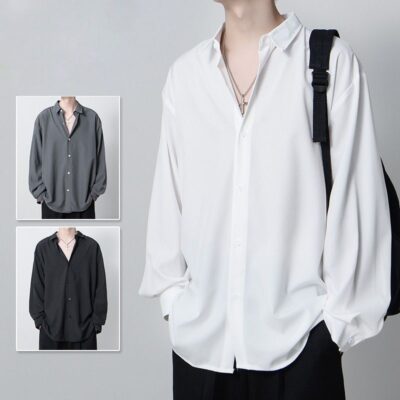 Áo sơ mi nam dài tay màu trắng tencel xuân thu phiên bản Hàn Quốc rủ cảm giác phóng khoáng màu lụa băng phong cách Hồng Kông áo sơ mi nam dk