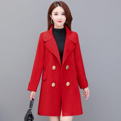 Áo khoác gió len nữ trung niên và trẻ trung mùa thu đông dài trung niên áo khoác len cashmere dày hai mặt cho cô gái béo