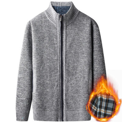 Mùa thu và mùa đông cha cộng với nhung dày dệt kim cổ áo bóng chày áo khoác cardigan nam trung niên và người cao tuổi áo len ấm áp kích thước lớn