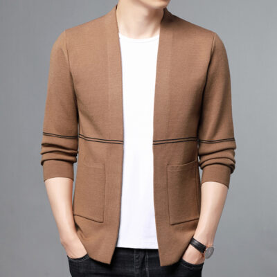 Cardigan dệt kim thường lót mùa thu mới đẹp trai cổ bóng chày màu trơn áo len dài tay áo khoác nam thay mặt tóc