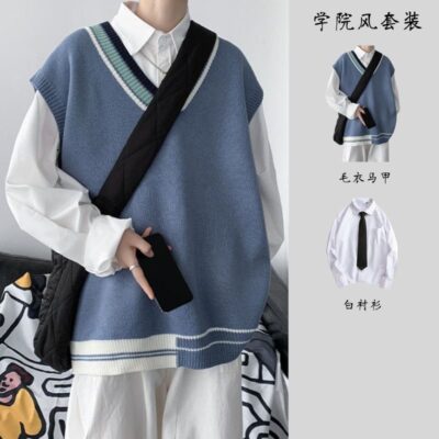 Áo len nam thu đông vest không tay phù hợp với cặp đôi đại học phong cách áo len cổ chữ V vest Nhật Bản tóc lười