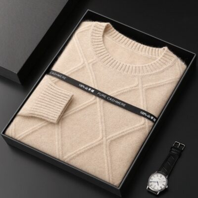 Áo Len Nam Cổ Tròn 100% Nguyên Chất Cashmere Áo Len Hoa Xoắn Dày Phong Cách Hàn Quốc Giản Dị Hình Thoi Thanh Niên Đáy Dệt Kim