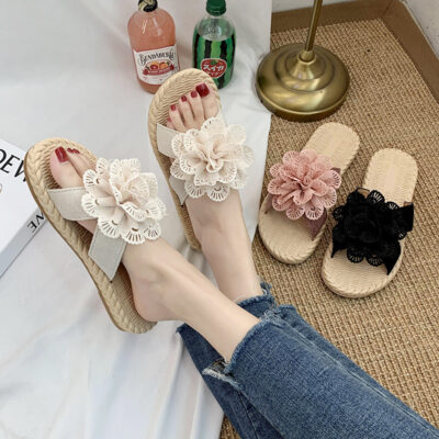 Phiên bản Hàn Quốc của mùa hè dép mới áo khoác ngoài của phụ nữ dép hoa lưới trái tim màu đỏ của cô gái phù hợp với tất cả các loại dép đế bằng học sinh giày nữ
