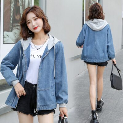 Áo khoác denim nữ mùa xuân và mùa thu 2023 phong cách mới mỏng và dày mm quần áo nữ cỡ lớn áo khoác nữ có mũ ngắn phù hợp với mọi lứa tuổi