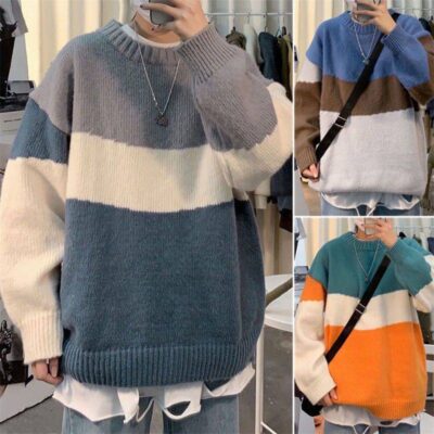 Mùa đông áo len phong cách Hồng Kông nam sinh viên phiên bản Hàn Quốc rộng rãi đẹp trai hợp thời trang áo len dệt kim đáy dày áo chui đầu cổ tròn