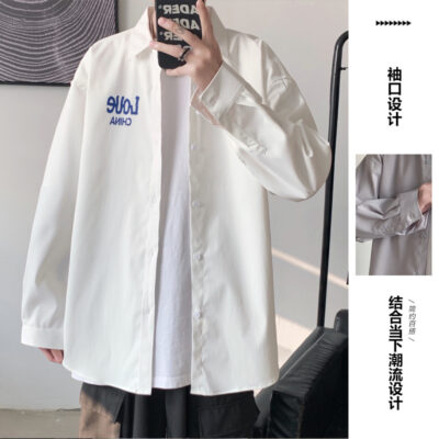 Áo sơ mi nam tay dài phong cách Hồng Kông xu hướng xuân thu rộng rãi giản dị in chữ áo sơ mi trắng bé trai áo khoác mùa hè
