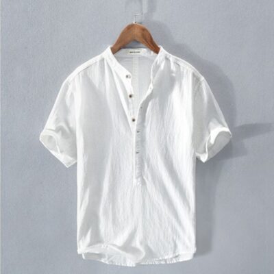 Guochao Đơn Giản Màu Trơn Áo Sơ Mi Nam Vải Lanh Cotton Dáng Rộng Cổ Đứng Áo Sơ Mi Tay Ngắn