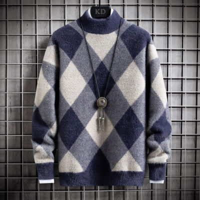 Áo len lông cừu lông chồn trẻ trung dành cho nam, áo len dệt kim dày dặn hợp thời trang mùa thu đông dành cho học sinh trung học cơ sở, áo len dệt kim cổ cao chạm đáy