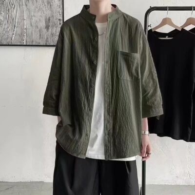 Áo sơ mi vải lanh xuất khẩu áo sơ mi nam ngắn tay áo sơ mi nam cổ đứng cotton và vải lanh tay ba phần tư phiên bản Hàn Quốc rất cổ tích đẹp trai xu hướng côn đồ