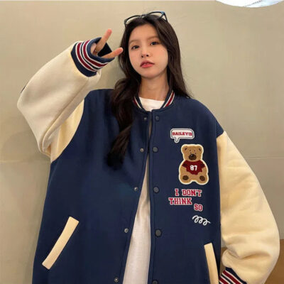 Retro lưới sinh viên gấu đỏ đồng phục bóng chày áo len nữ quần áo xuân thu phong cách Hồng Kông cỡ lớn giảm béo tất cả các trận đấu áo khoác áo khoác hợp thời trang