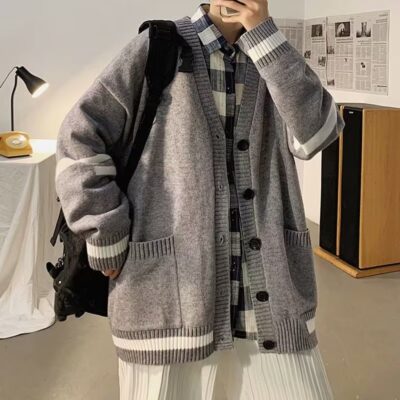 Áo len cardigan mùa thu đông nam phiên bản Hàn Quốc hợp thời trang in phong cách Hồng Kông retro dáng rộng thể thao áo khoác dệt kim thường ngày