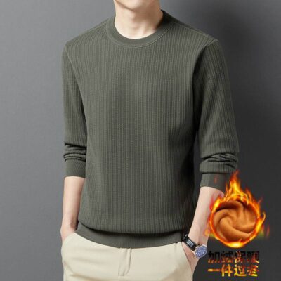 Nam đẹp trai cộng với áo len dày nhung quần áo mùa đông áo sơ mi đáy nhung tất cả trong một màu trơn phù hợp với nam giới trung niên và người cao tuổi áo cỡ lớn