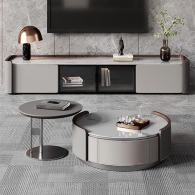 Phong cách Ý tối giản yên da Bàn trà đẹp phiến đá tròn bàn cà phê bên tủ TV kết hợp căn hộ nhỏ phòng khách bàn cà phê bàn
