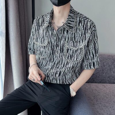 Thương hiệu hợp thời trang kẻ lưu manh đẹp trai chiên đường phố áo sơ mi nam thiết kế hợp thời trang hương thơm nhỏ phong cách áo sơ mi nửa tay áo sơ mi nam mùa hè