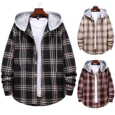 Amazon EBAY AliExpress Nhật Bản Mới Nam Cặp Đôi Có Mũ Kẻ Sọc Ngoại Thương Size Lớn Áo Sơ Mi Kẻ Sọc