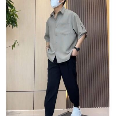Bộ quần áo thời trang mùa hè mặc quần áo nam cao cấp xếp nếp áo sơ mi ngắn tay bé trai quần tây nam triều