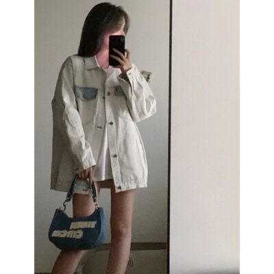 Áo khoác denim phong cách Âu Mỹ cho nữ mùa thu mới kiểu Hàn Quốc nối và màu tương phản áo khoác dụng cụ giảm béo hàng đầu
