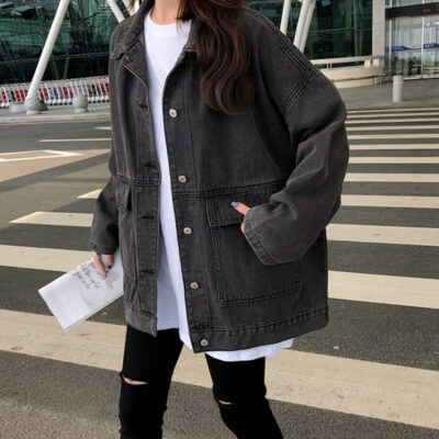 Mùa xuân và mùa thu cỡ lớn chất béo mm dụng cụ áo khoác denim nữ sinh viên Hàn Quốc dài tay retro áo khoác dáng rộng