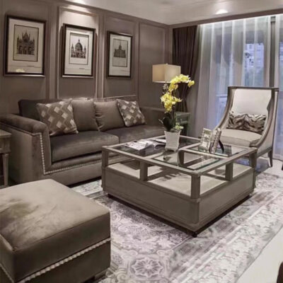 Sofa phong cách Mỹ Nội thất ART Nội thất Mori ấn tượng trọn bộ sofa ba người bằng gỗ nguyên khối kiểu Mỹ đơn giản sofa nhung màu xám