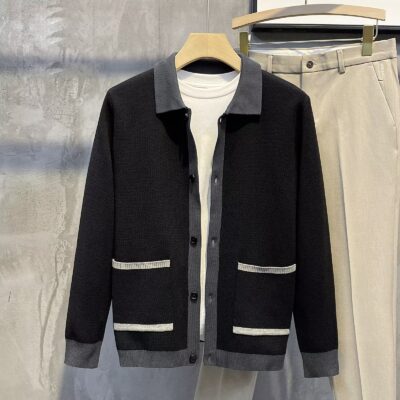 2022 Đầu Thu Mới Áo Len Cardigan Dệt Kim Nam Dài Tay Xuân Thu Phong Cách Hàn Quốc Mỏng Phối Màu Retro Áo Len Có Ve Áo