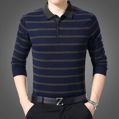 Áo len dệt kim dài tay mùa thu áo sơ mi nam có ve áo của người cha trung niên rộng rãi quần áo mùa thu giản dị có đáy áo sơ mi nam quần áo trung niên và người cao tuổi