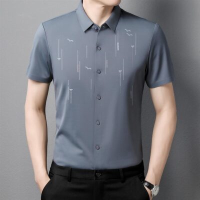 Áo sơ mi nam ngắn tay mùa hè mới dành cho nam giới trung niên và trẻ trung ve áo in liền mạch xu hướng thời trang áo sơ mi ngắn tay