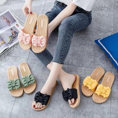 Dép đi trong nhà nữ thời trang tất lưới màu đỏ ins nhà chống trượt siêu mềm phòng tắm dép kéo nơ và dép lê mẫu nữ