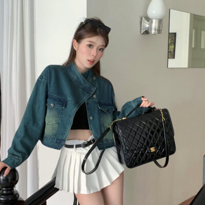 Mùa xuân và mùa hè 2023 mới ins cá tính áo khoác nhỏ thiết kế khóa xiên chiên đường phố denim áo khoác ngắn thời trang nữ