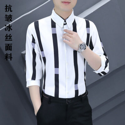 Shanli Dadi Áo sơ mi nam mỏng tay ba phần tư Phong cách Hàn Quốc hợp thời trang Áo sơ mi sọc chống nhăn chống nhăn giản dị tay áo trung bình ngắn tay