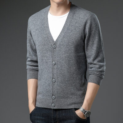 Mùa xuân và mùa thu mới áo len dệt kim cổ chữ V màu trơn áo len cardigan nam trung niên dài tay áo khoác nam phù hợp với tất cả