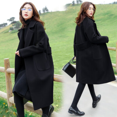 Cashmere Áo Khoác Len Nữ Mùa Đông Rộng Kích Thước Lớn Mỡ Mm 200 Catties Chiều Dài Trung Nhỏ Đệm Áo Khoác Len Đen