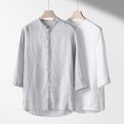 Cổ áo đứng bảy điểm áo sơ mi vải lanh nam giữa tay áo sơ mi vải lanh cotton mỏng giản dị nhà máy sản xuất áo sơ mi một giọt 138