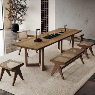 Bàn trà tiếp tân gỗ nguyên khối tối giản hiện đại phong cách wabi sabi khúc gỗ lớn Bàn trà và ghế kết hợp Bàn trà văn phòng