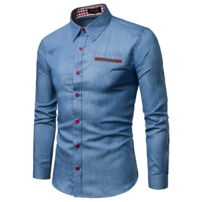 2023 Ngoại Thương Mới Nam Túi Da Sơ Mi Dài Tay Amazon Thanh Niên Slim Áo Sơ Mi Denim Nam