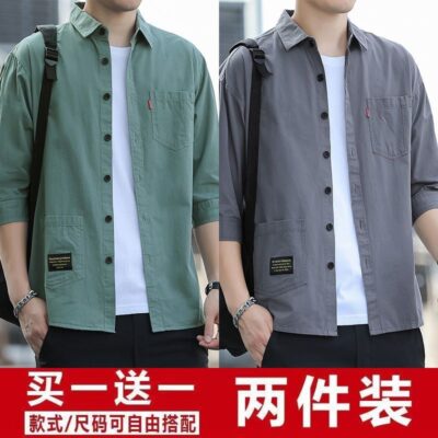Cao cấp 100% cotton dáng rộng mùa hè ba phần tư áo sơ mi nam công cụ giản dị áo sơ mi ngắn tay giữa áo khoác