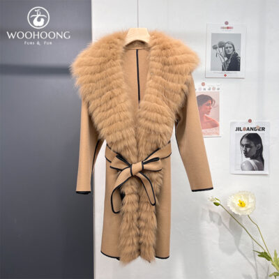 Vũ Hoàng Áo Khoác Lông Len Hai Mặt Áo Khoác Len Nữ Trung Dài Mũi Choàng Cáo Lông Viền Phong Cách Trung Hoa