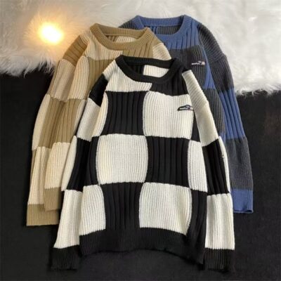 Ins Mỹ phong cách retro mùa thu đông áo len kẻ sọc nam dáng rộng áo len lười hợp thời trang thương hiệu high street couple cổ tròn