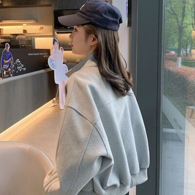 Mùa Xuân Trắng Đồng Phục Bóng Chày Áo Len Dây Kéo Áo Khoác Nữ 2023 Mới Cardigan Cổ Áo Khoác Thể Thao Triều