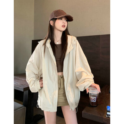 Mùa Hè 2023 Mới Lười Phong Cách Thường Ngày Thời Trang Dáng Rộng Dài Tay Có Mũ Áo Khoác Thể Thao Chống Nắng Nữ