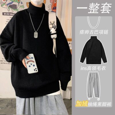 Áo Len Cao Cổ Giày Lười Đáy Áo Sơ Mi Thu Đông Đẹp Trai Dệt Kim Nam Quần Nỉ Đồ Bộ