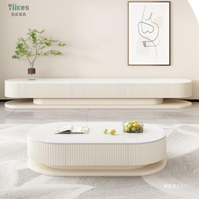Bàn trà đá gió màu kem kết hợp tủ tivi bàn trà bầu dục phòng khách chung cư nhỏ đơn giản đơn giản hiện đại